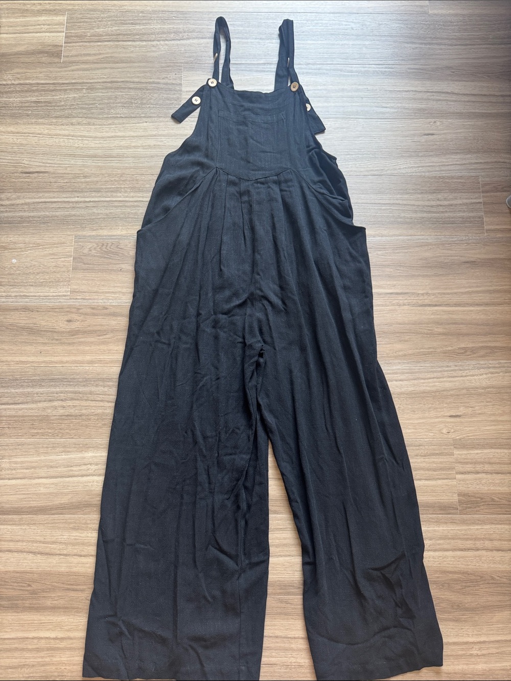 Black Wide-Leg Linen Blend Overalls